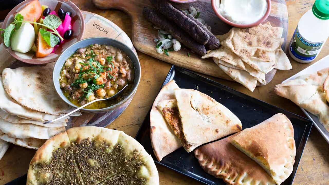 A table of Lebanese cheap eats.