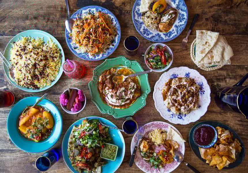 A table full of Afghan cheap eats.