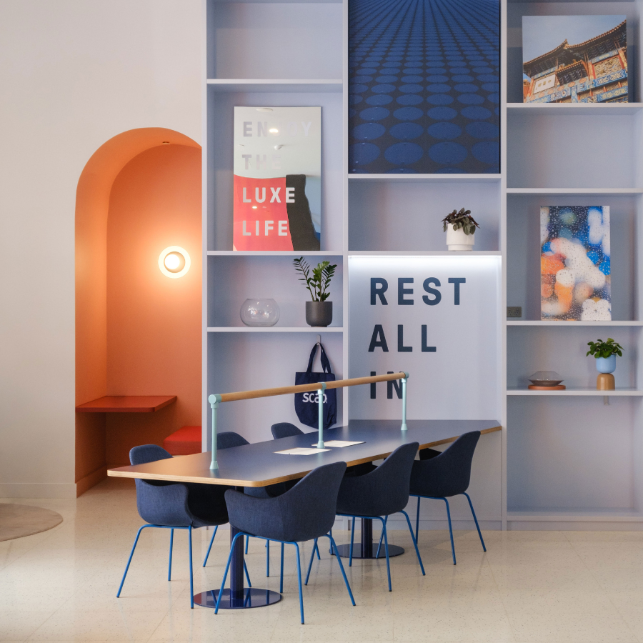 Bookshelf and study table at Scape Aurora