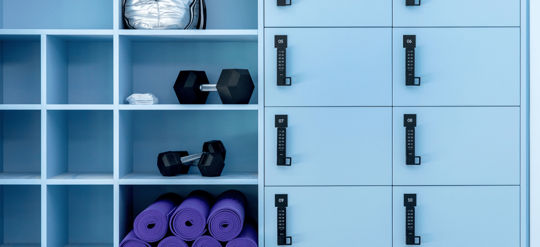 Gym equipment and lockers at Scape Aurora