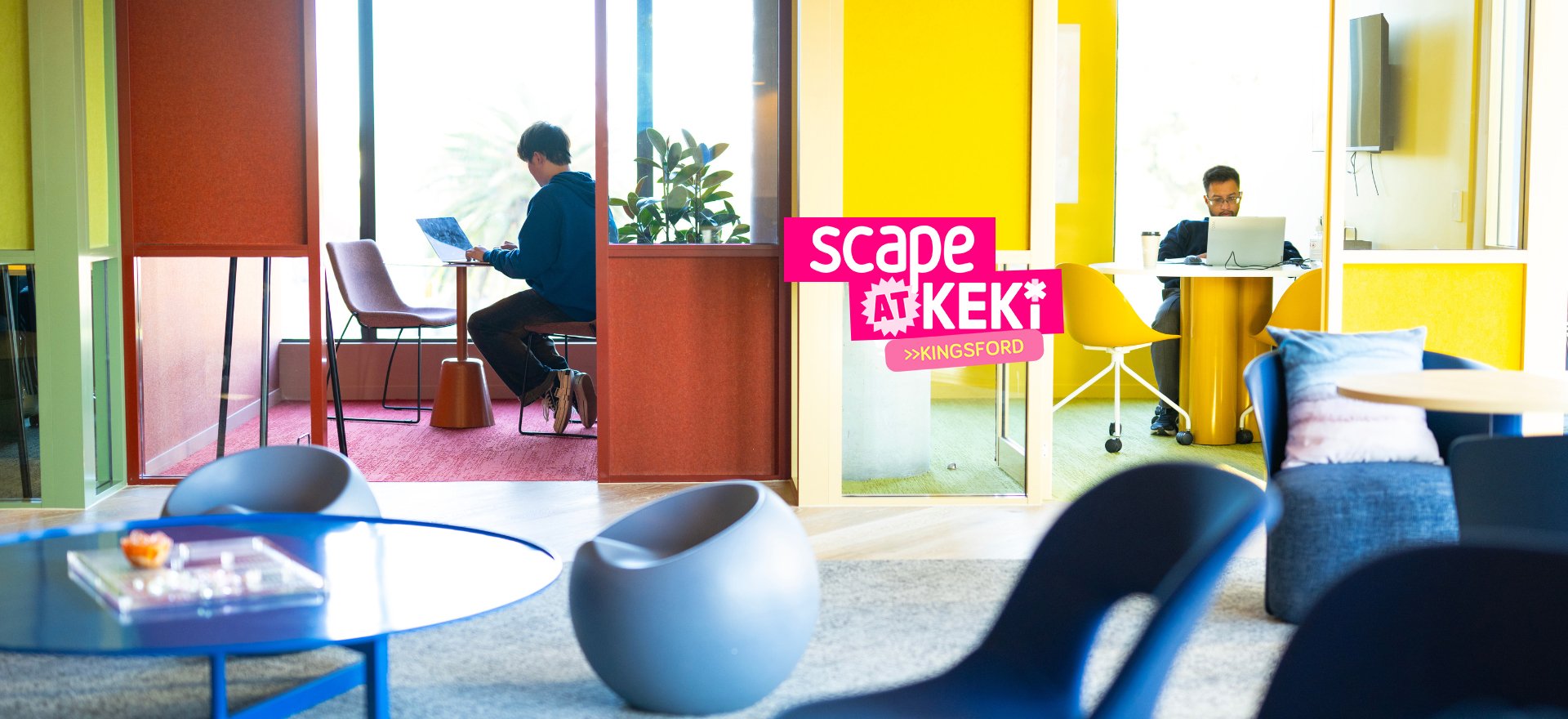 Scape Kingsford common space with students studying