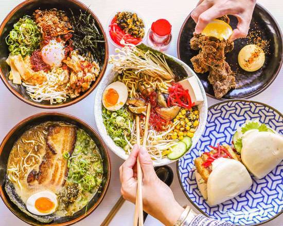 A table full of Japanese cheap eats.